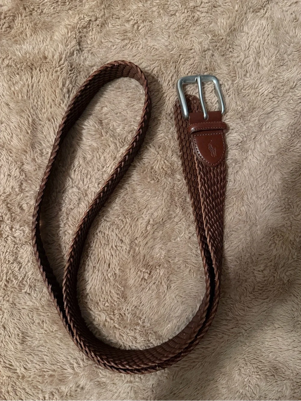Polo by Ralph Lauren Woven Brown Leather Belt with Silver Buckle